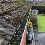 Close-up of a residential gutter filled with moss and debris, showing blockage before gutter cleaning