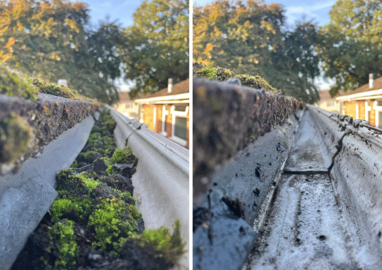 Before and after comparison showing a blocked gutter cleared of moss, leaves, and debris.